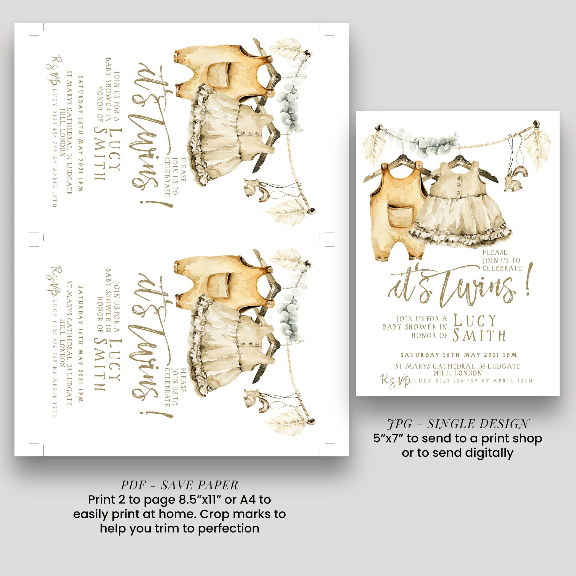 The image is a collage of two pages from a wedding invitation design. The left page features a baby shower invitation for a baby named Lucy Smith, while the right page displays a twin wedding invitation.