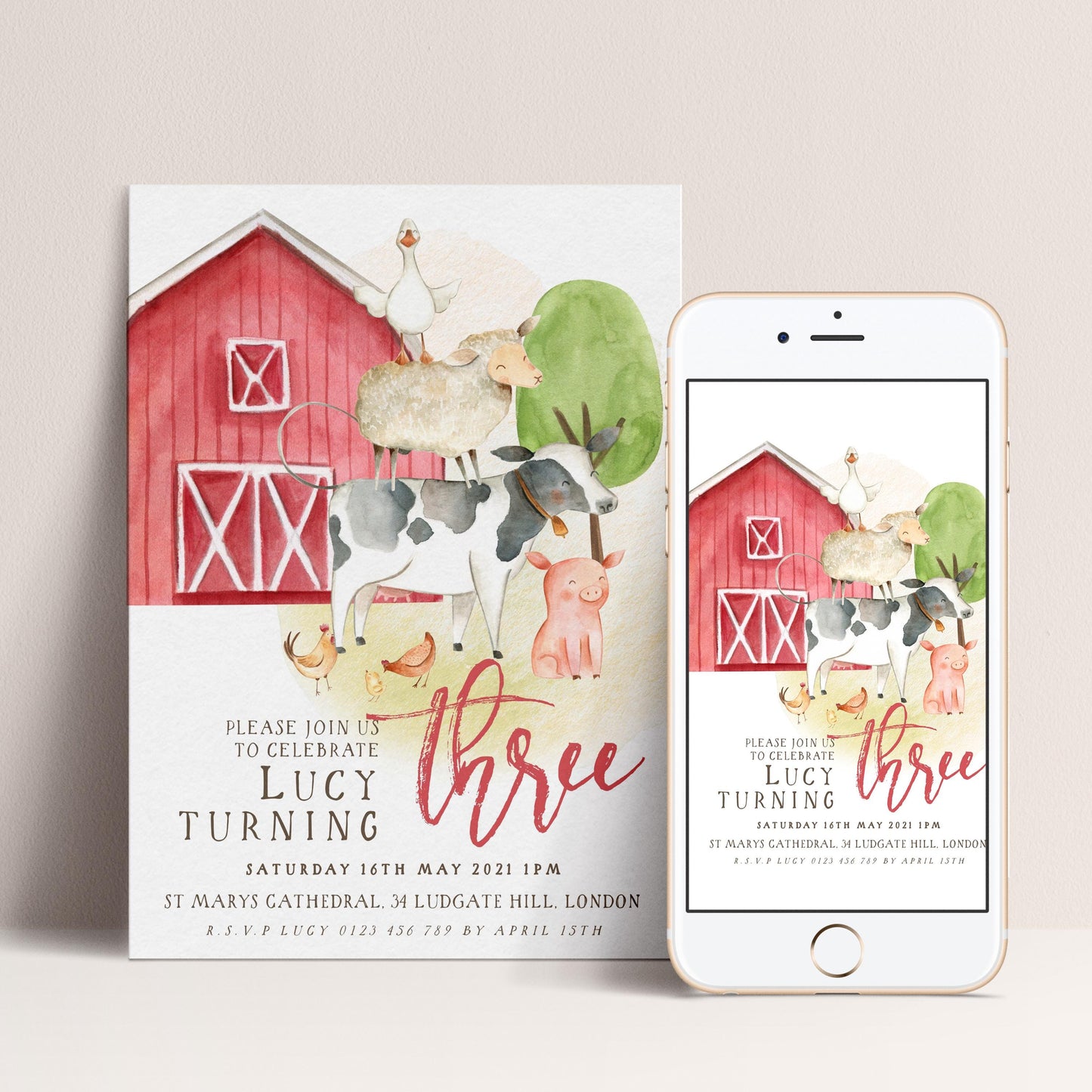 The image is a birthday invitation for a three-year-old named Lucy, featuring a farm scene with a red barn, animals, and a pink pig.
