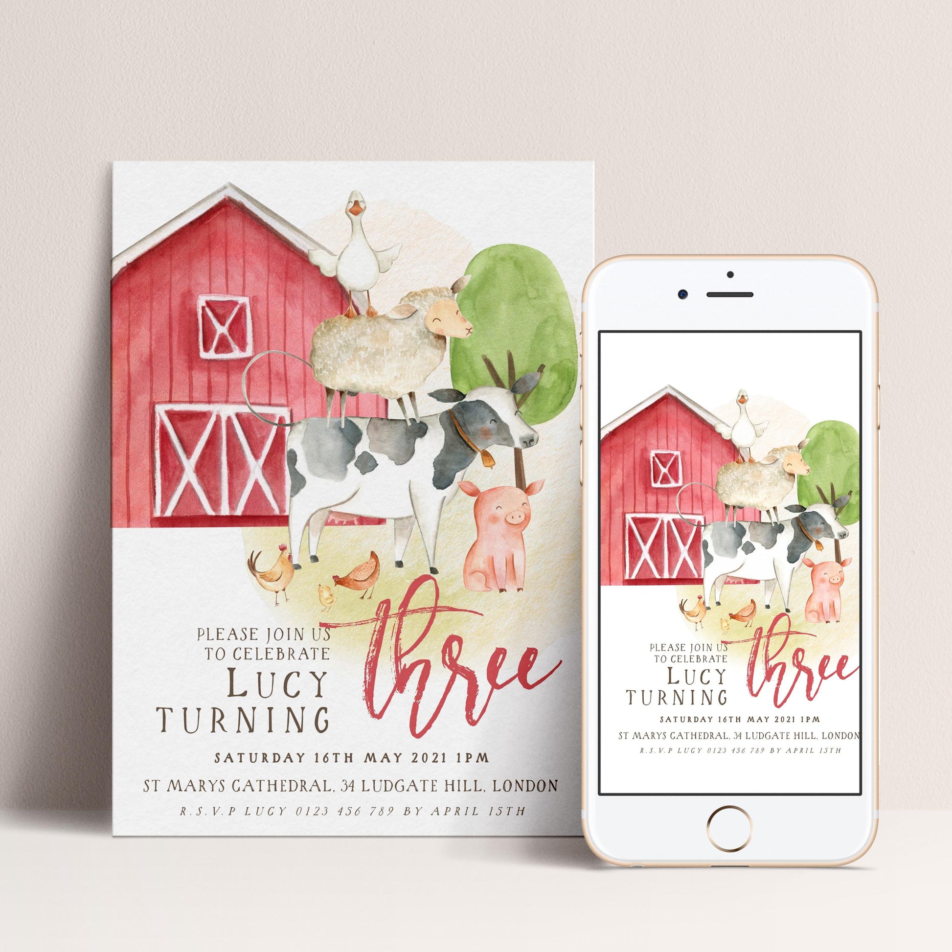 The image is a birthday invitation for a three-year-old named Lucy, featuring a farm scene with a red barn, animals, and a pink pig.