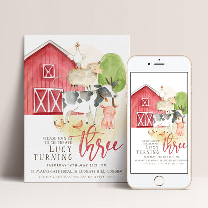 The image is a birthday invitation for a three-year-old named Lucy, featuring a farm scene with a red barn, animals, and a pink pig.