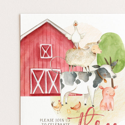 The image is a colorful illustration of farm animals, including a cow, pig, sheep, and duck, set against a red barn.