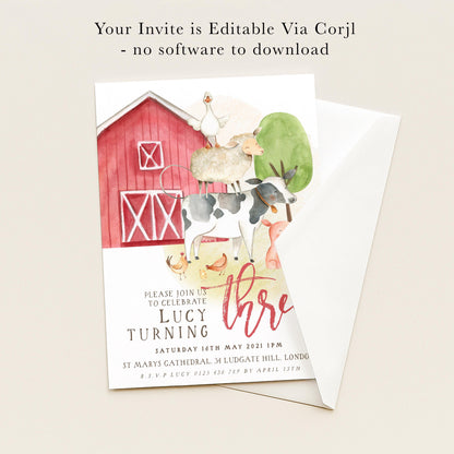 The image is a birthday invitation for a child named Lucy, featuring a red barn and farm animals, along with details about the event and the date.