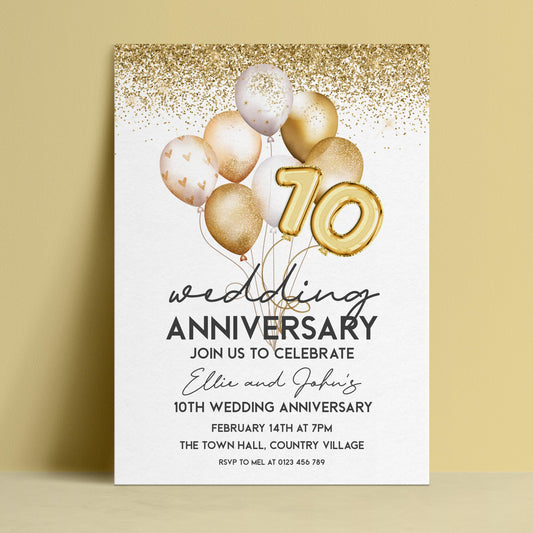 The image is a wedding anniversary invitation featuring gold balloons and the number 10, along with details about the celebration.