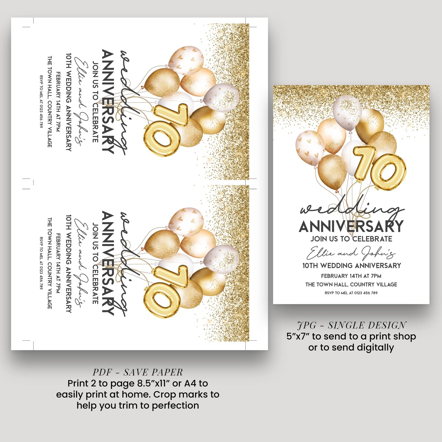 a wedding anniversary invitation with gold balloons and the number 10, along with details about the celebration.