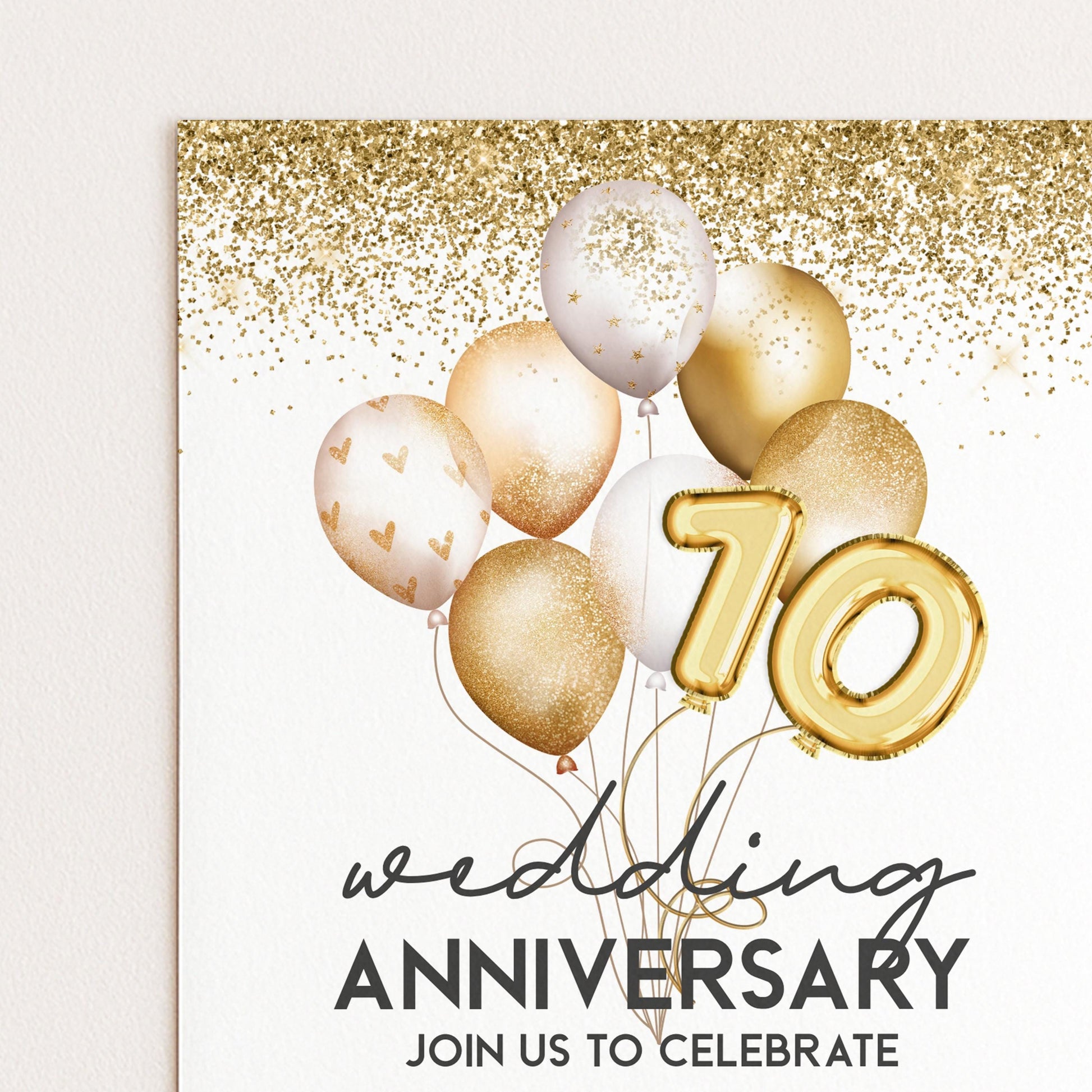 The image is a wedding anniversary invitation featuring gold balloons and the number 10, along with the text "wedding ANNIVERSARY JOIN US TO CELEBRATE".