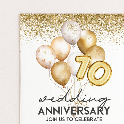 The image is a wedding anniversary invitation featuring gold balloons and the number 10, along with the text "wedding ANNIVERSARY JOIN US TO CELEBRATE".