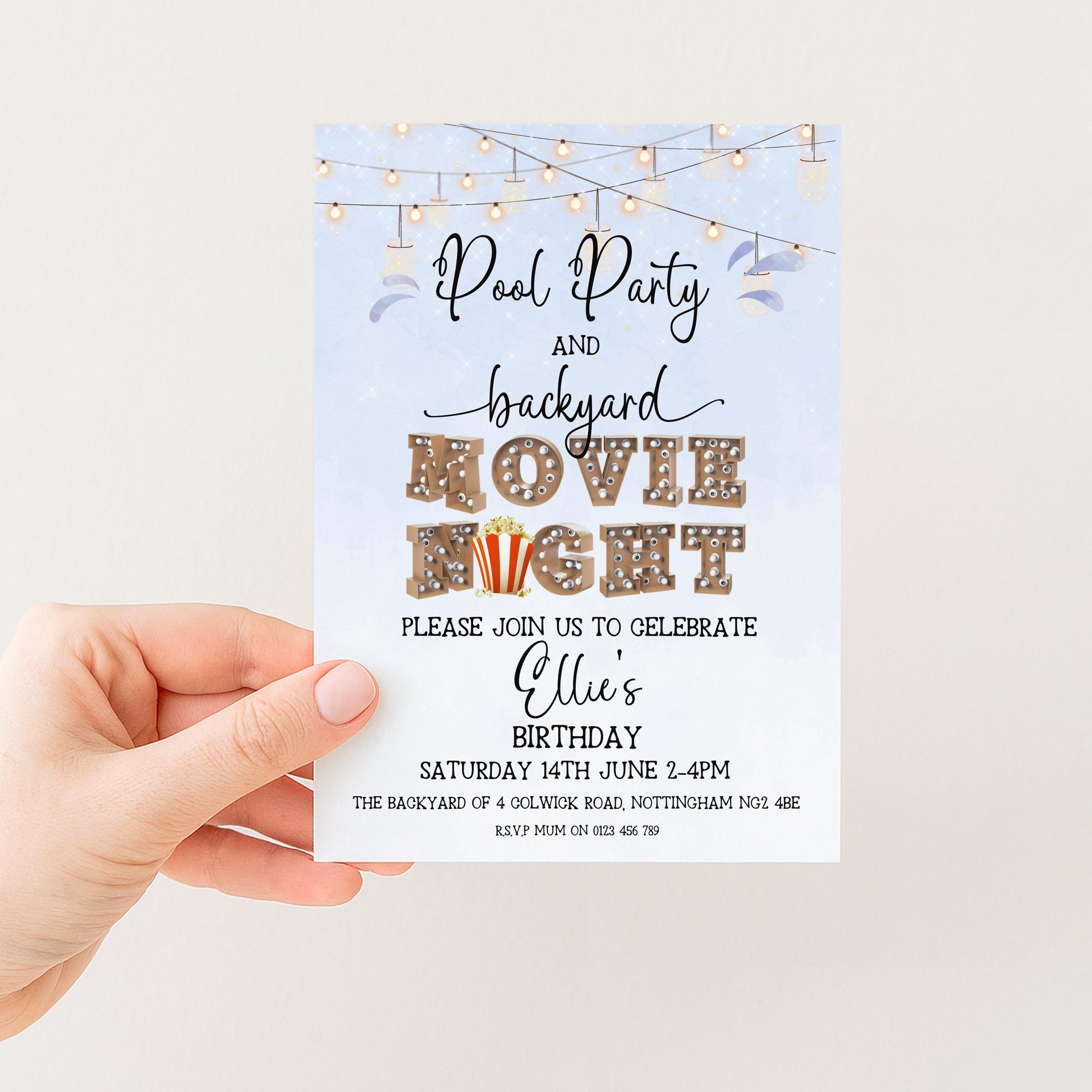 The image is a birthday party invitation for a pool party and backyard movie night. It invites guests to celebrate Ellie's birthday and suggests a backyard movie night event.