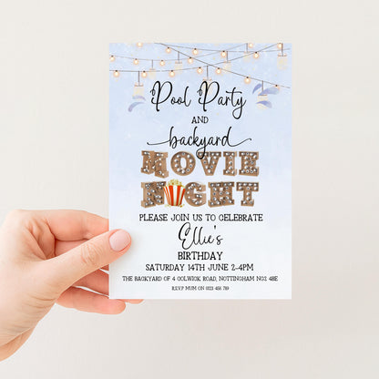 The image is a birthday party invitation for a pool party and backyard movie night. It invites guests to celebrate Ellie's birthday and suggests a backyard movie night event.