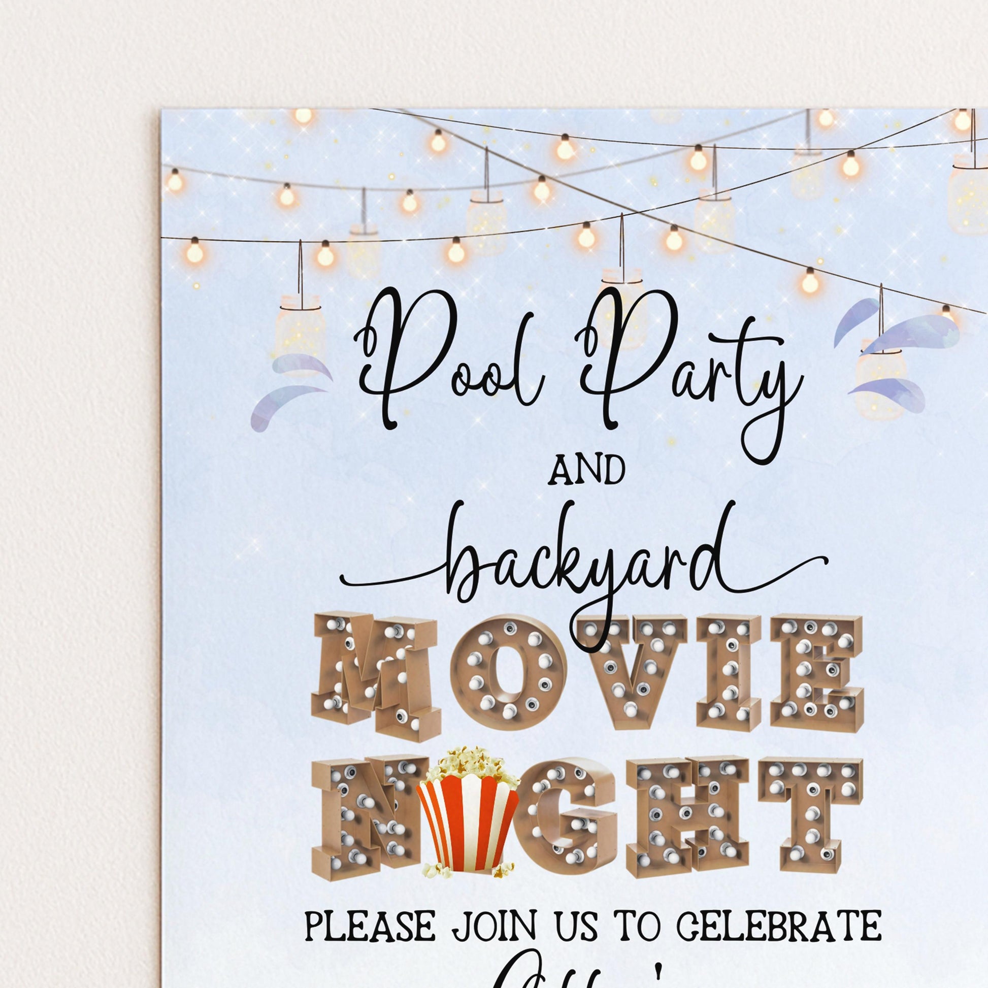 The image is a promotional poster for a pool party and backyard movie night. It features decorative lights, a popcorn image, and the text "Please join us to celebrate" in a playful and inviting manner.
