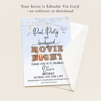 The image is a birthday party invitation for a pool party and movie night event.