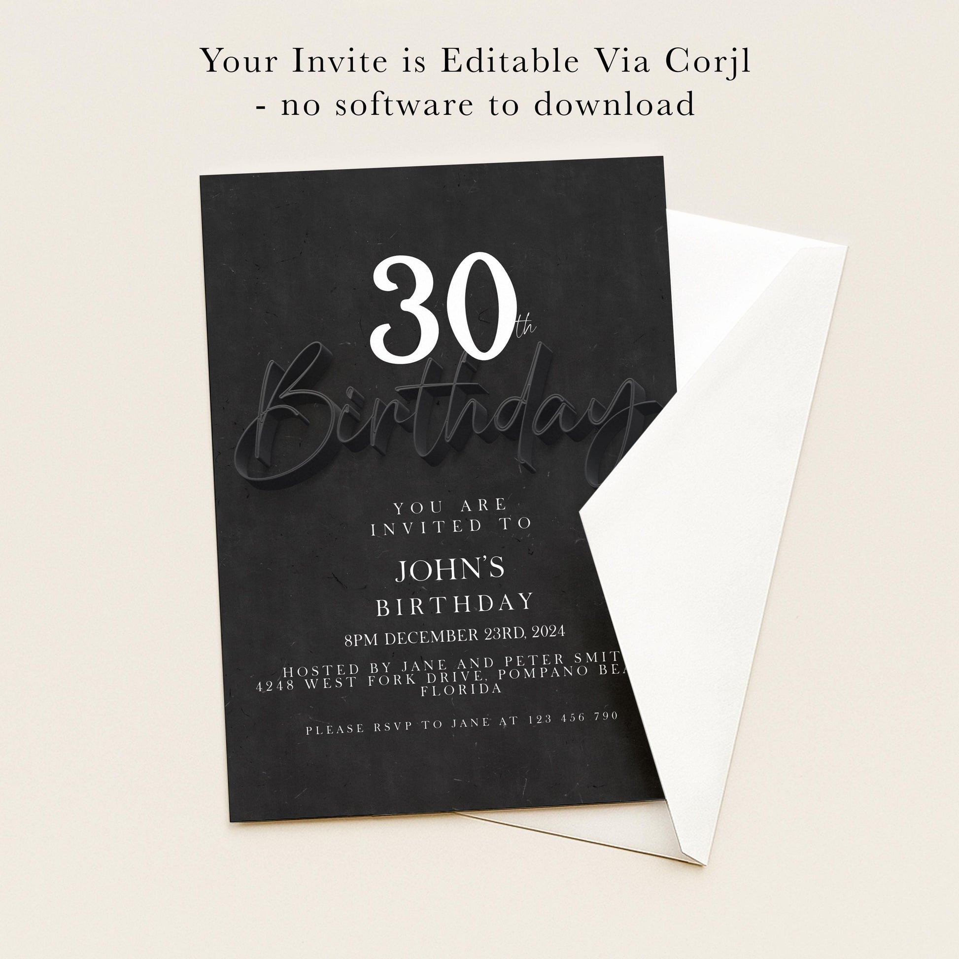 The image is a birthday invitation for John's 30th birthday. It is a black and white invitation with the text "You are invited to John's 30th Birthday" and the date and time details.
