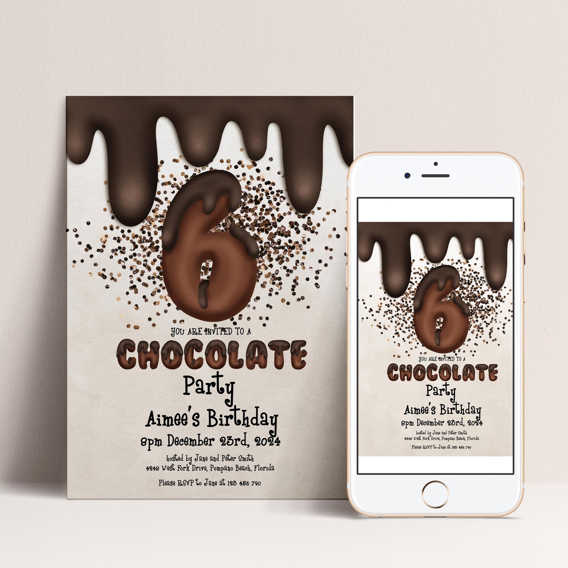 The image is a birthday party invitation for a 6-year-old girl, featuring a chocolate theme with chocolate dripping over the number 6 and confetti around it.