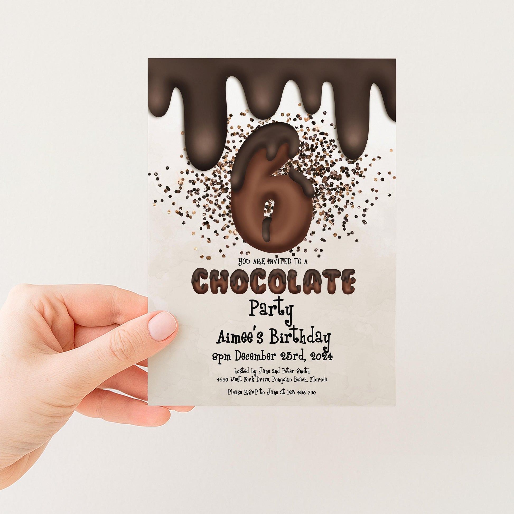 The image is a birthday party invitation for a 6-year-old named Aimee's birthday party.