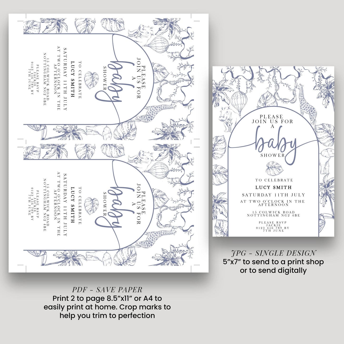 two printed invitation cards for a baby shower. The cards feature a blue and white floral design and are printed in a single design. The text on the cards invites guests to a baby shower and provides details about the event, including the date, time, location, and the names of the hosts, Lucy Smith and Jack Smith. The cards also include instructions for sending the invitations, either by mail or digitally, and a note about the size of the invitations, which are 5"x7" or 4"x8"