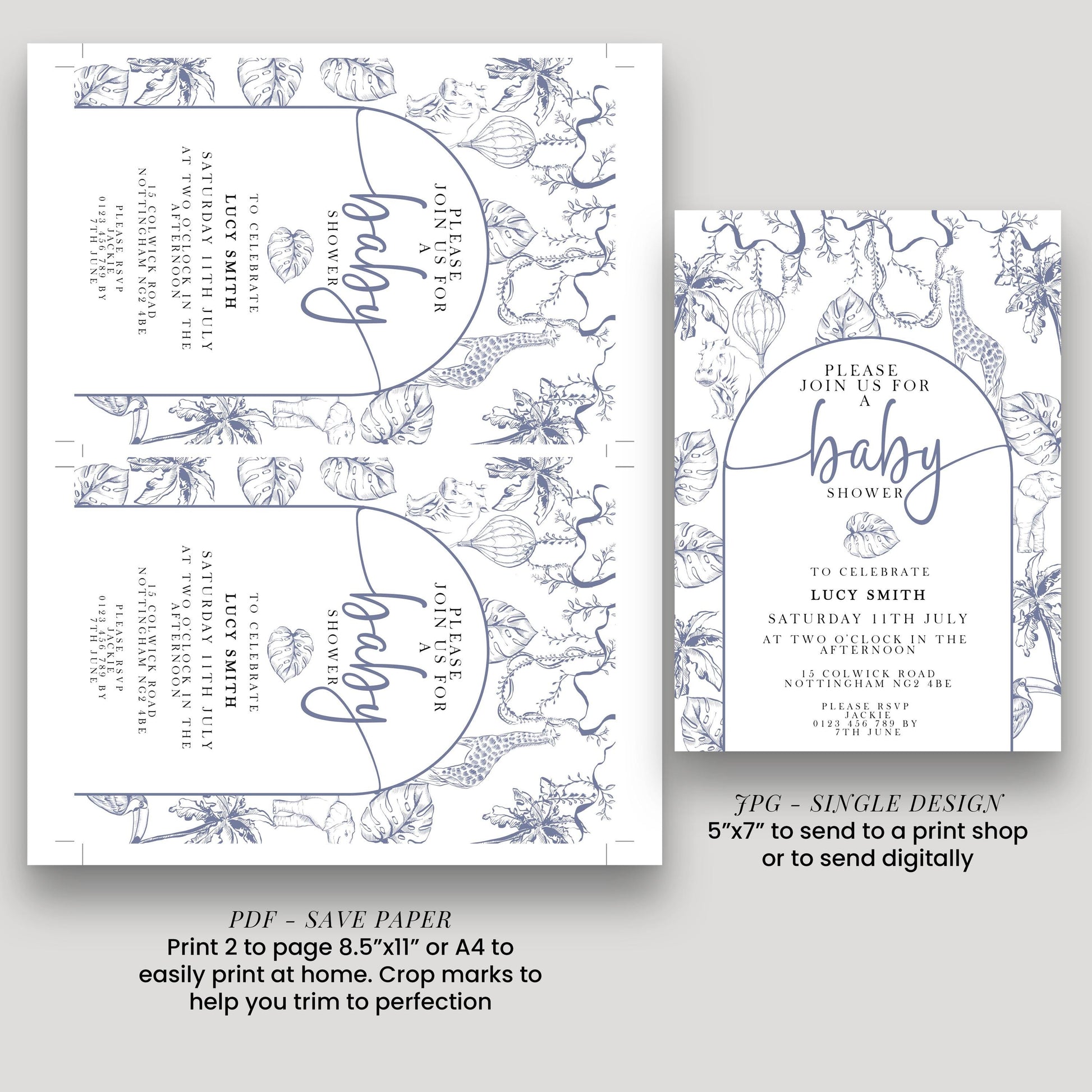 two printed invitation cards for a baby shower. The cards feature a blue and white floral design and are printed in a single design. The text on the cards invites guests to a baby shower and provides details about the event, including the date, time, location, and the names of the hosts, Lucy Smith and Jack Smith. The cards also include instructions for sending the invitations, either by mail or digitally, and a note about the size of the invitations, which are 5"x7" or 4"x8"