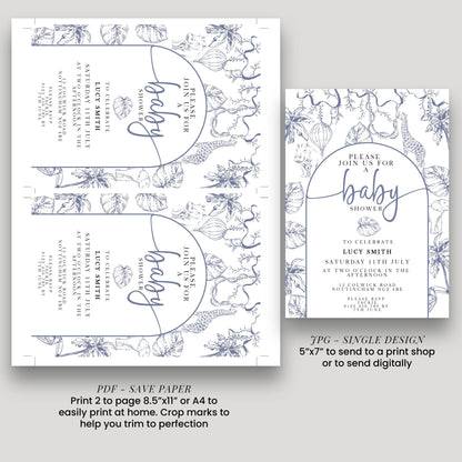 two printed invitation cards for a baby shower. The cards feature a blue and white floral design and are printed in a single design. The text on the cards invites guests to a baby shower and provides details about the event, including the date, time, location, and the names of the hosts, Lucy Smith and Jack Smith. The cards also include instructions for sending the invitations, either by mail or digitally, and a note about the size of the invitations, which are 5"x7" or 4"x8"