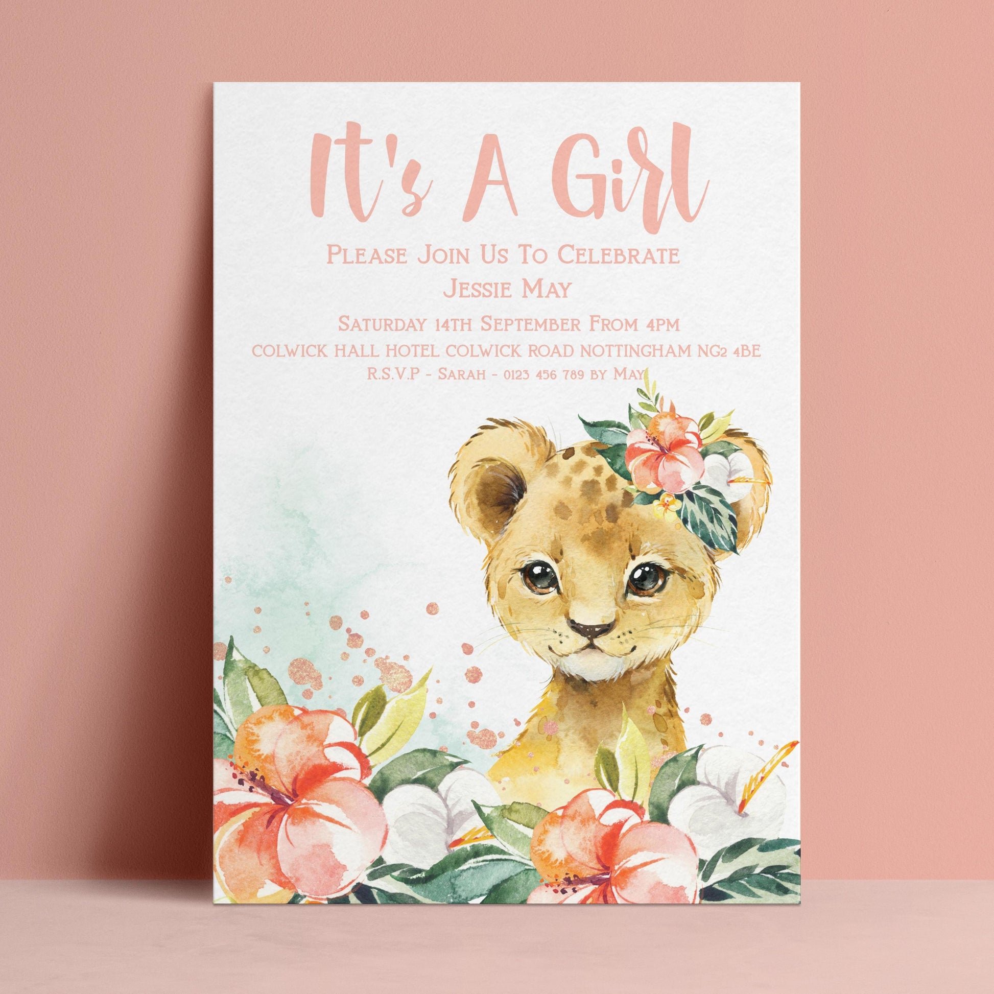 The image is a baby shower invitation featuring a cute illustration of a baby giraffe surrounded by flowers and leaves.