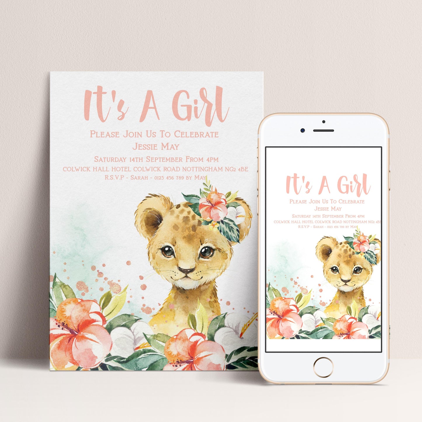 The image is a baby shower invitation featuring a cute baby lion surrounded by flowers and leaves.
