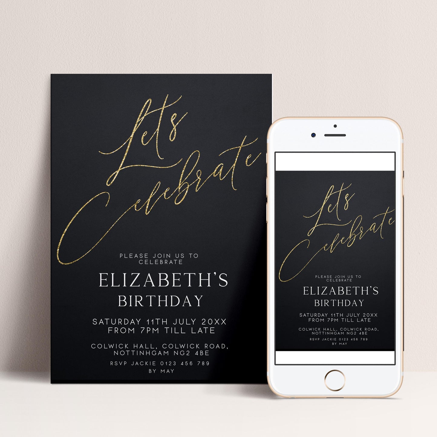 a birthday invitation for Elizabeth's birthday celebration. The invitation is presented in two formats: a poster and a smartphone screen. The poster has a black background with gold text, while the smartphone screen shows the same text in a digital format.