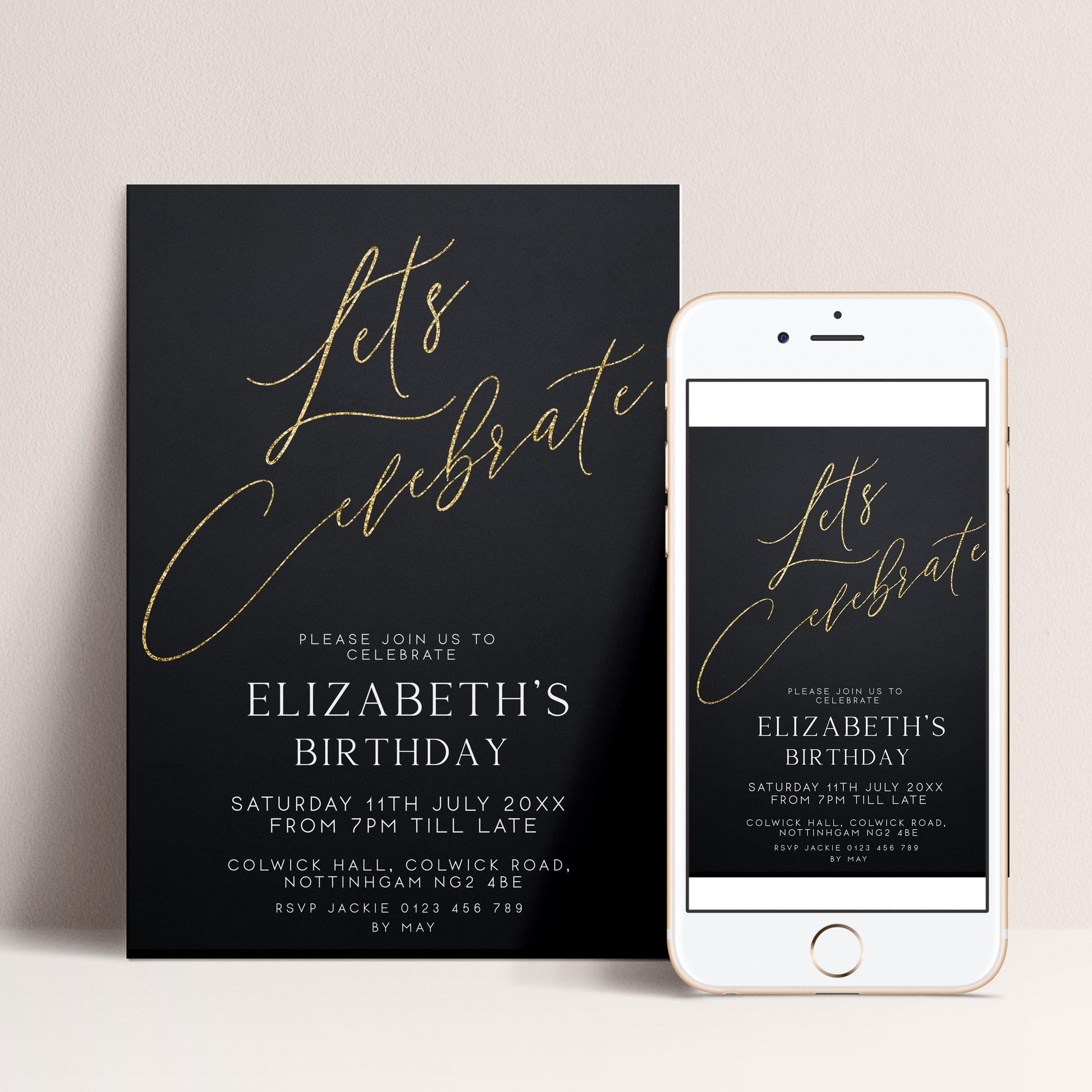 a birthday invitation for Elizabeth's birthday celebration. The invitation is presented in two formats: a poster and a smartphone screen. The poster has a black background with gold text, while the smartphone screen shows the same text in a digital format.