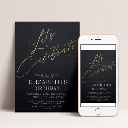 a birthday invitation for Elizabeth's birthday celebration. The invitation is presented in two formats: a poster and a smartphone screen. The poster has a black background with gold text, while the smartphone screen shows the same text in a digital format.