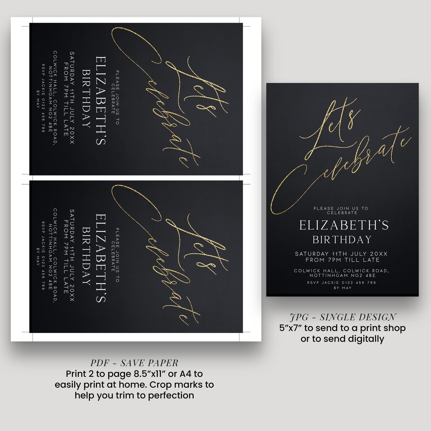 two black and gold birthday invitation cards for Elizabeth's birthday celebration. The cards feature elegant gold cursive text and design elements, and they are printed on high-quality paper.