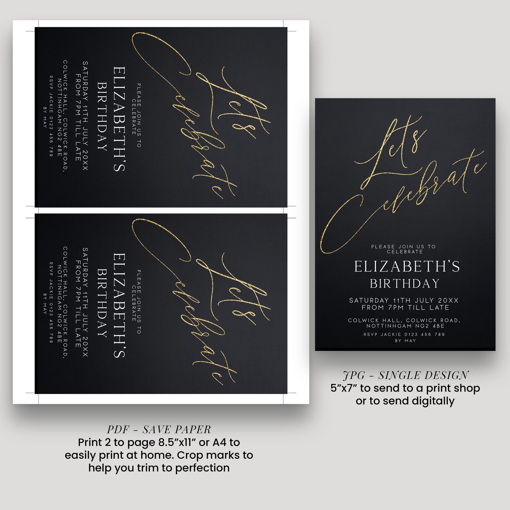 two black and gold birthday invitation cards for Elizabeth's birthday celebration. The cards feature elegant gold cursive text and design elements, and they are printed on high-quality paper.
