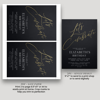 two black and gold birthday invitation cards for Elizabeth's birthday celebration. The cards feature elegant gold cursive text and design elements, and they are printed on high-quality paper.