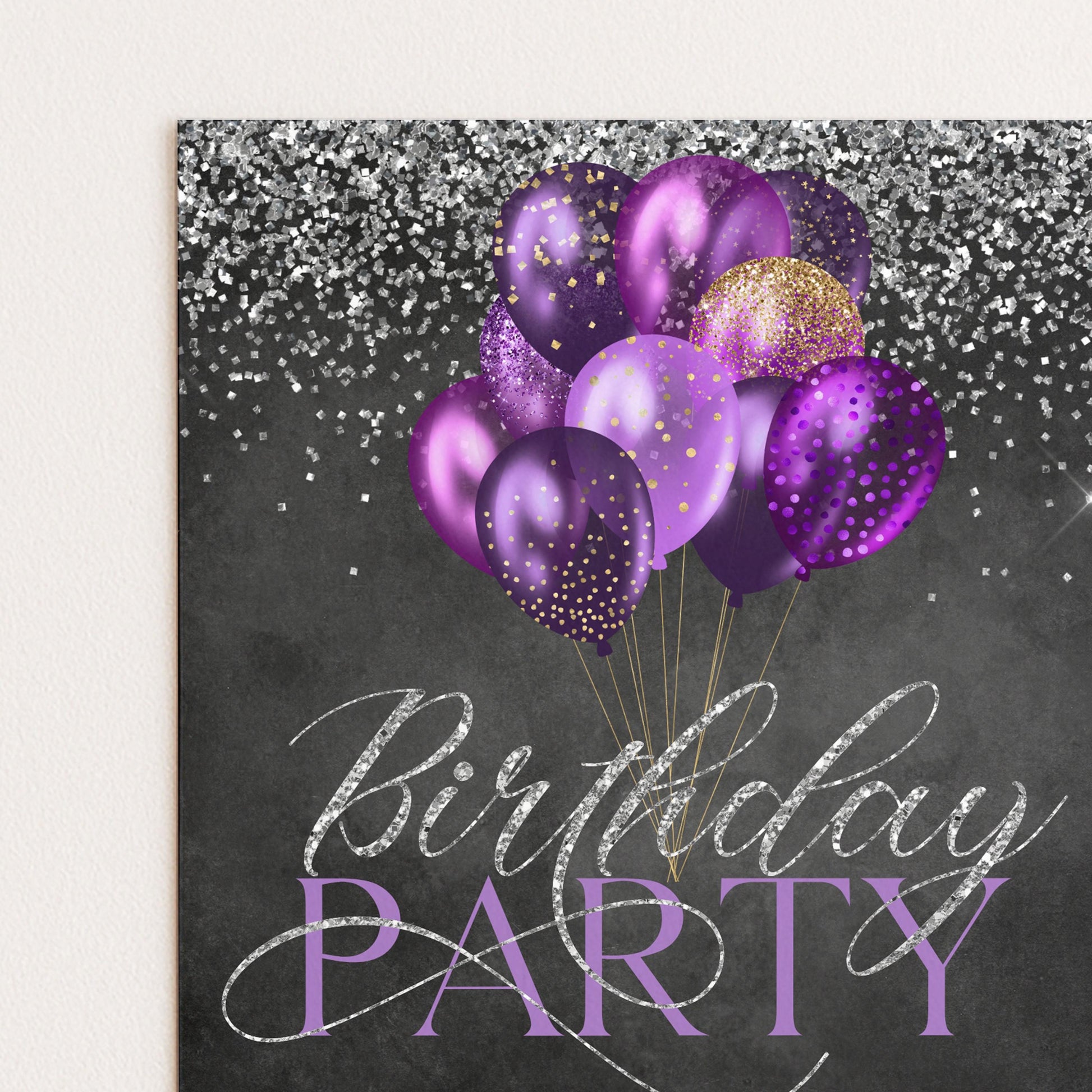 a birthday party with purple and gold balloons floating against a dark background with silver glitter.