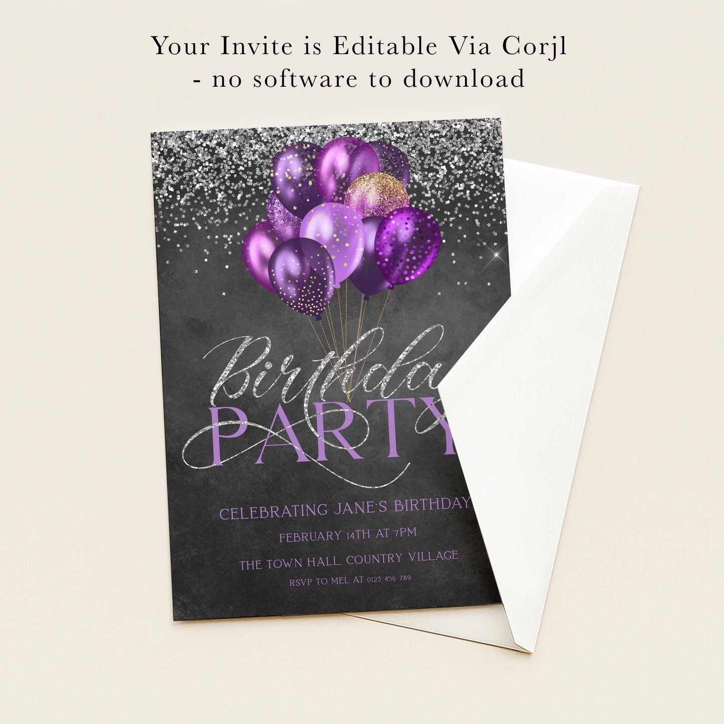 The image is a birthday party invitation featuring purple balloons and sparkles, with the text "Birthday Party" and details about the event.