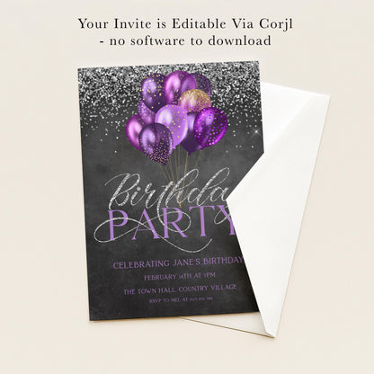 The image is a birthday party invitation featuring purple balloons and sparkles, with the text "Birthday Party" and details about the event.