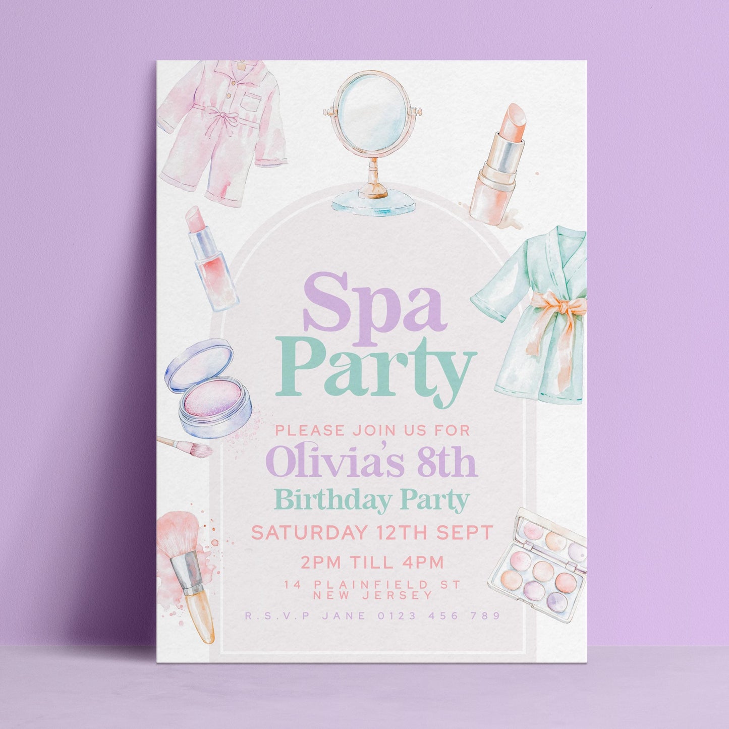The image is a birthday party invitation for a girl named Olivia, scheduled for Saturday, September 12th at 2 PM. The invitation features illustrations of various beauty and personal care items, such as makeup, skincare products, and a robe, suggesting a spa-themed party.