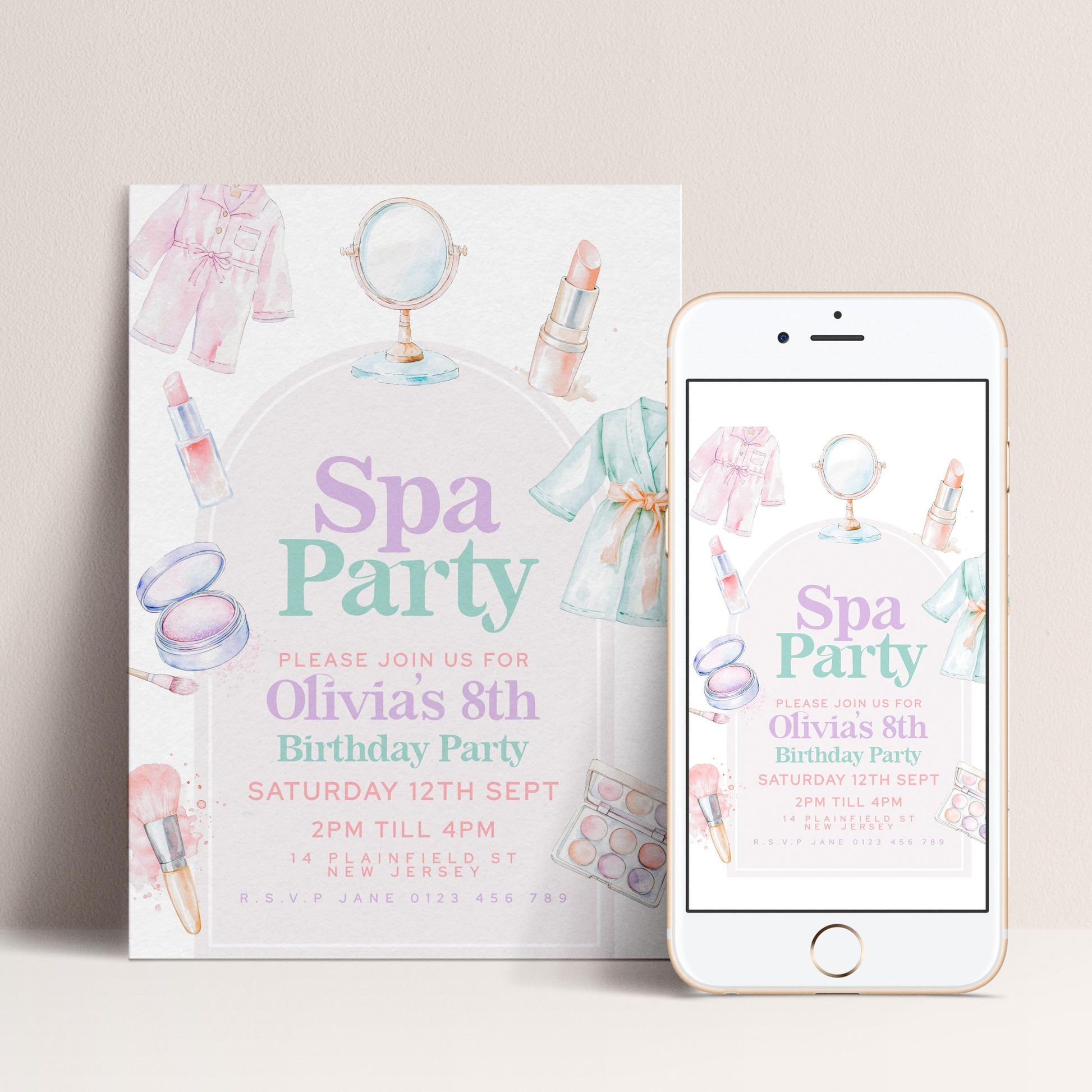 The image is a birthday party invitation for a girl named Olivia's 8th birthday party. It features illustrations of makeup and beauty products, along with details about the event, including the date, time, location, and RSVP information.