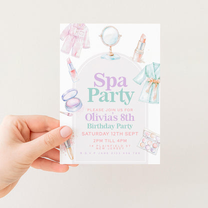The image is a hand holding a party invitation for an 8th birthday party.