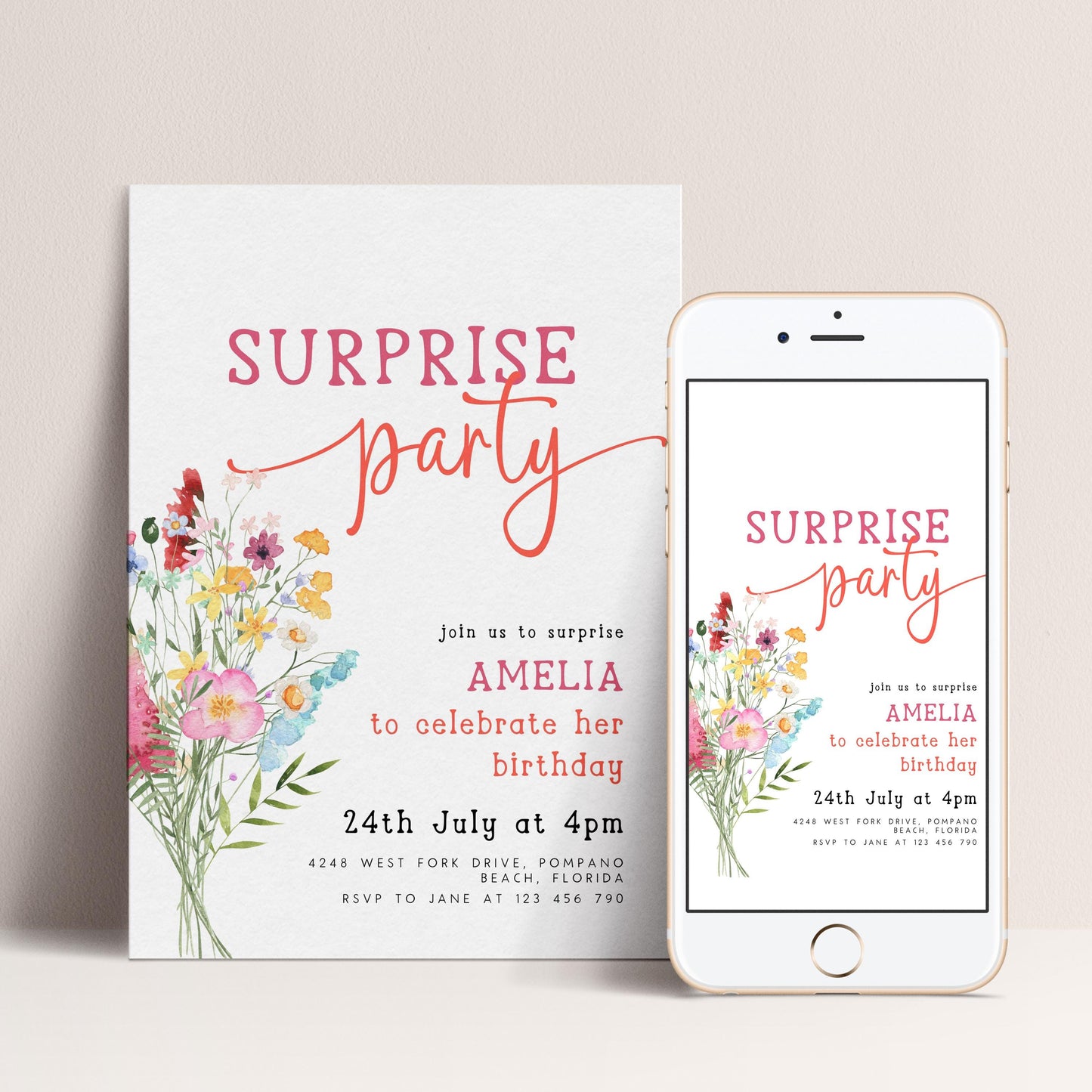 a white invitation card and a smartphone displaying a birthday party invitation.