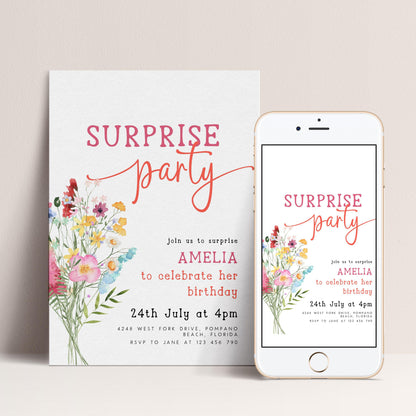 a white invitation card and a smartphone displaying a birthday party invitation.