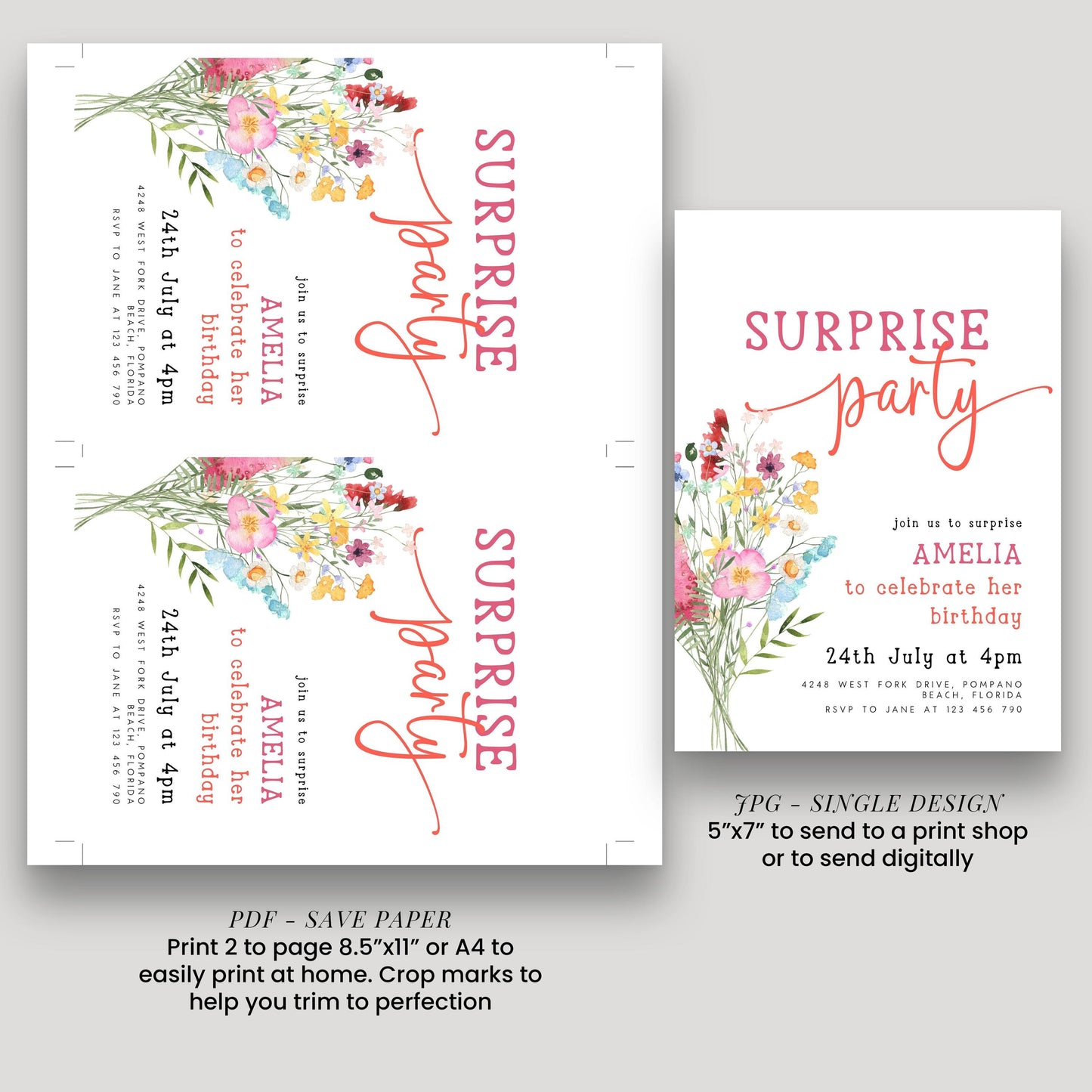 two identical printed pages of a surprise party invitation. The text on the invitation is in a pink and white color scheme, and it invites guests to a surprise party for Amelia to celebrate her 24th birthday. The invitation includes details about the event, such as the date, time, location, and RSVP instructions. The invitation also provides a save paper option for printing 2 pages, 5"x7" or 4"x8", and a single design option for sending to a print shop or digitally.