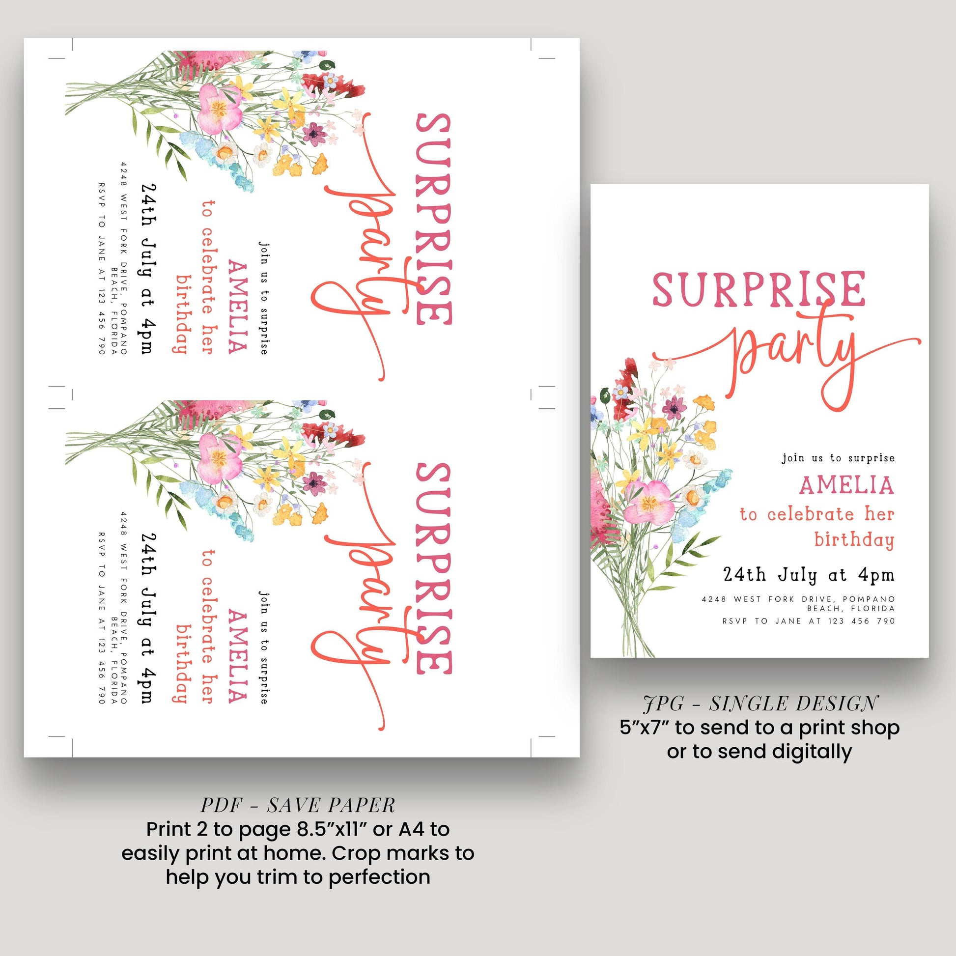 two identical printed pages of a surprise party invitation. The text on the invitation is in a pink and white color scheme, and it invites guests to a surprise party for Amelia to celebrate her 24th birthday. The invitation includes details about the event, such as the date, time, location, and RSVP instructions. The invitation also provides a save paper option for printing 2 pages, 5"x7" or 4"x8", and a single design option for sending to a print shop or digitally.