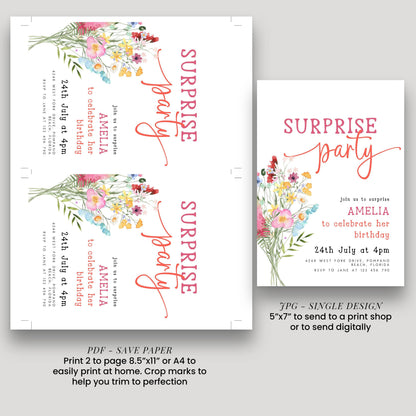 two identical printed pages of a surprise party invitation. The text on the invitation is in a pink and white color scheme, and it invites guests to a surprise party for Amelia to celebrate her 24th birthday. The invitation includes details about the event, such as the date, time, location, and RSVP instructions. The invitation also provides a save paper option for printing 2 pages, 5"x7" or 4"x8", and a single design option for sending to a print shop or digitally.