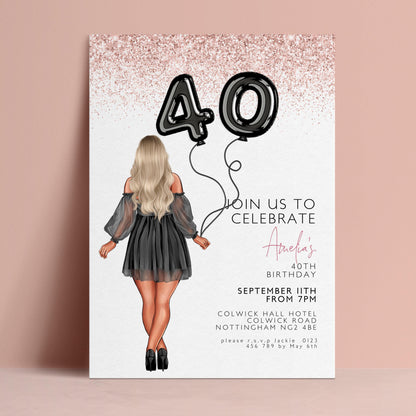 The image is a birthday party invitation featuring a woman with long blonde hair and a black dress, holding a balloon with the number 40 on it.