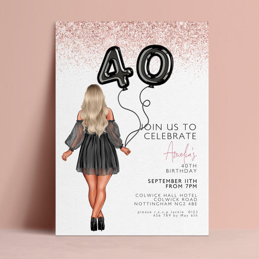 The image is a birthday party invitation featuring a woman with long blonde hair and a black dress, holding a balloon with the number 40 on it.