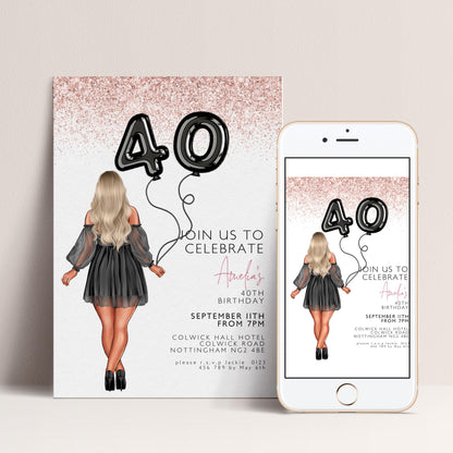 The image is a birthday party invitation featuring a woman with long blonde hair and a black dress, holding a balloon shaped like the number 40. The invitation is for a 40th birthday celebration, and it includes details about the event, such as the date, time, location, and contact information.