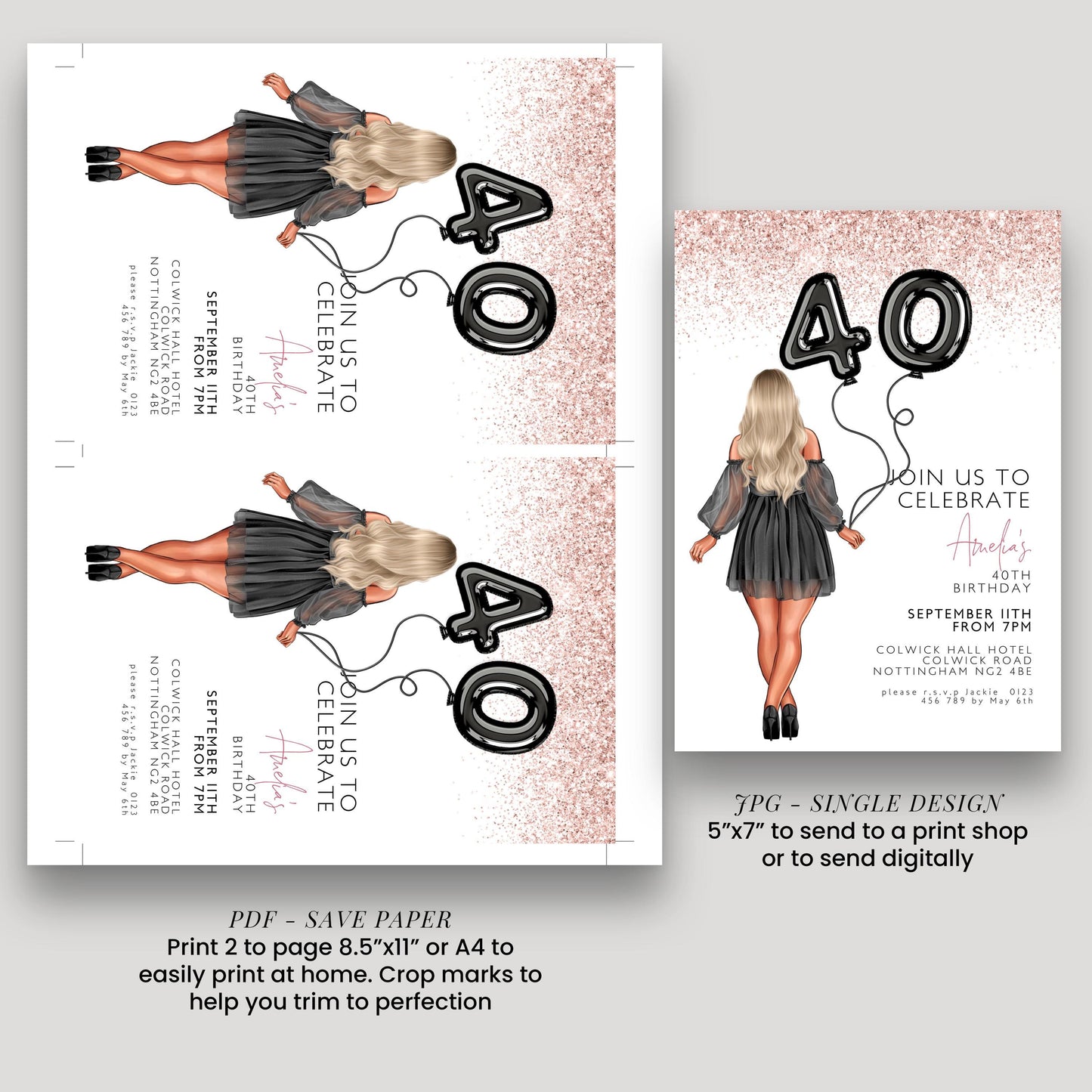 a birthday invitation for a 40th celebration, featuring a woman in a black dress and a number 40 balloon. The invitation is designed for a single person and includes details about the event, such as the date, time, location, and RSVP information.