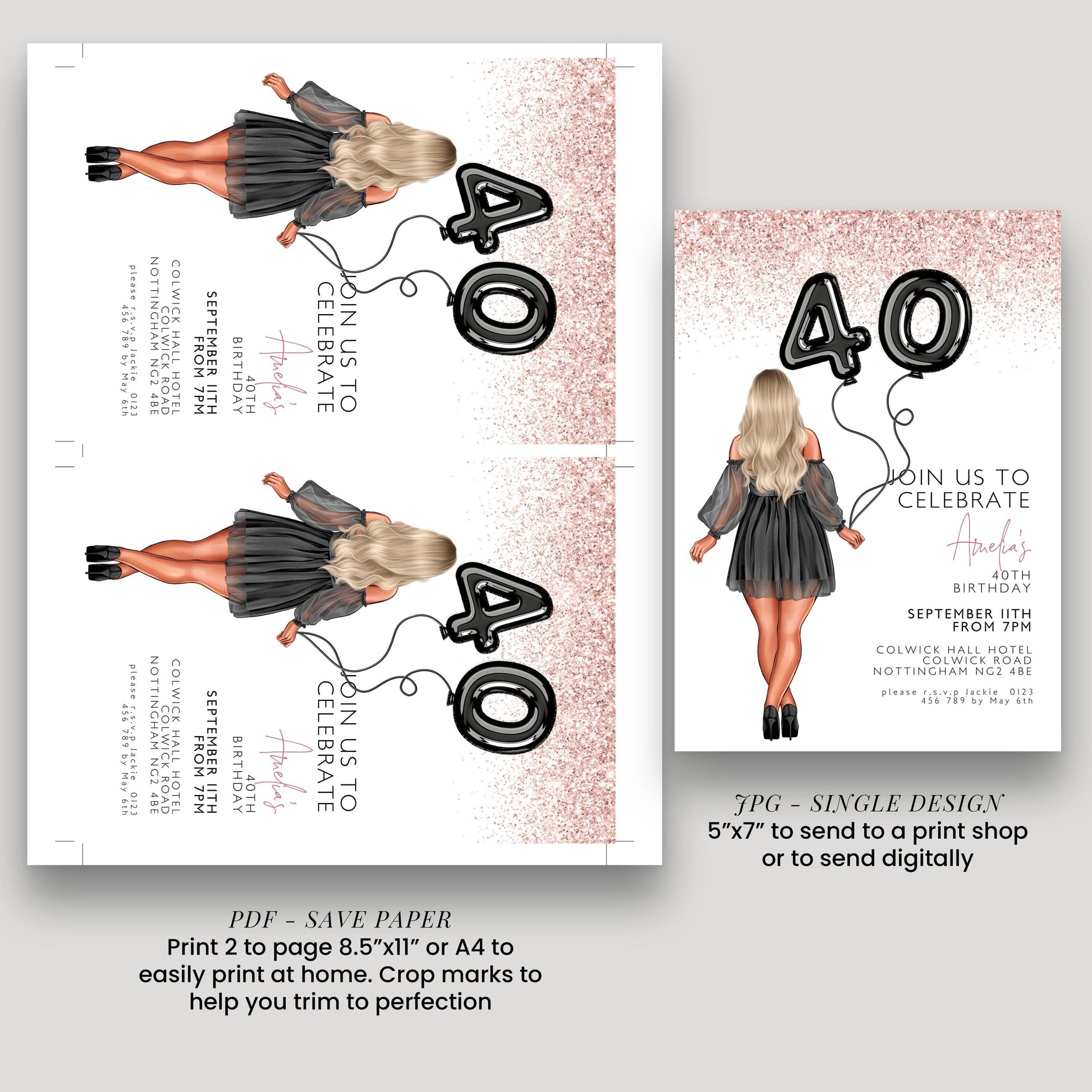 a birthday invitation for a 40th celebration, featuring a woman in a black dress and a number 40 balloon. The invitation is designed for a single person and includes details about the event, such as the date, time, location, and RSVP information.