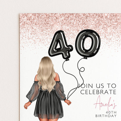 a woman with long blonde hair wearing a black dress, holding two black balloons that spell out "40". The background is pink with glitter, and there is text inviting people to "join us to celebrate" and "Atelia's 40th birthday".