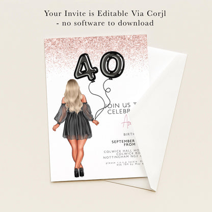 The image is a birthday invitation for someone turning 40. It features a woman with long blonde hair and a black dress, holding a balloon that says "40". The invitation is for a birthday celebration on September 1st from Colwick Hall, Colwick Road, Newport, Wales. The event is being held at the venue, and guests are encouraged to bring a present. The invitation does not contain any text that is too long or unclear, and it does not describe the image in detail.