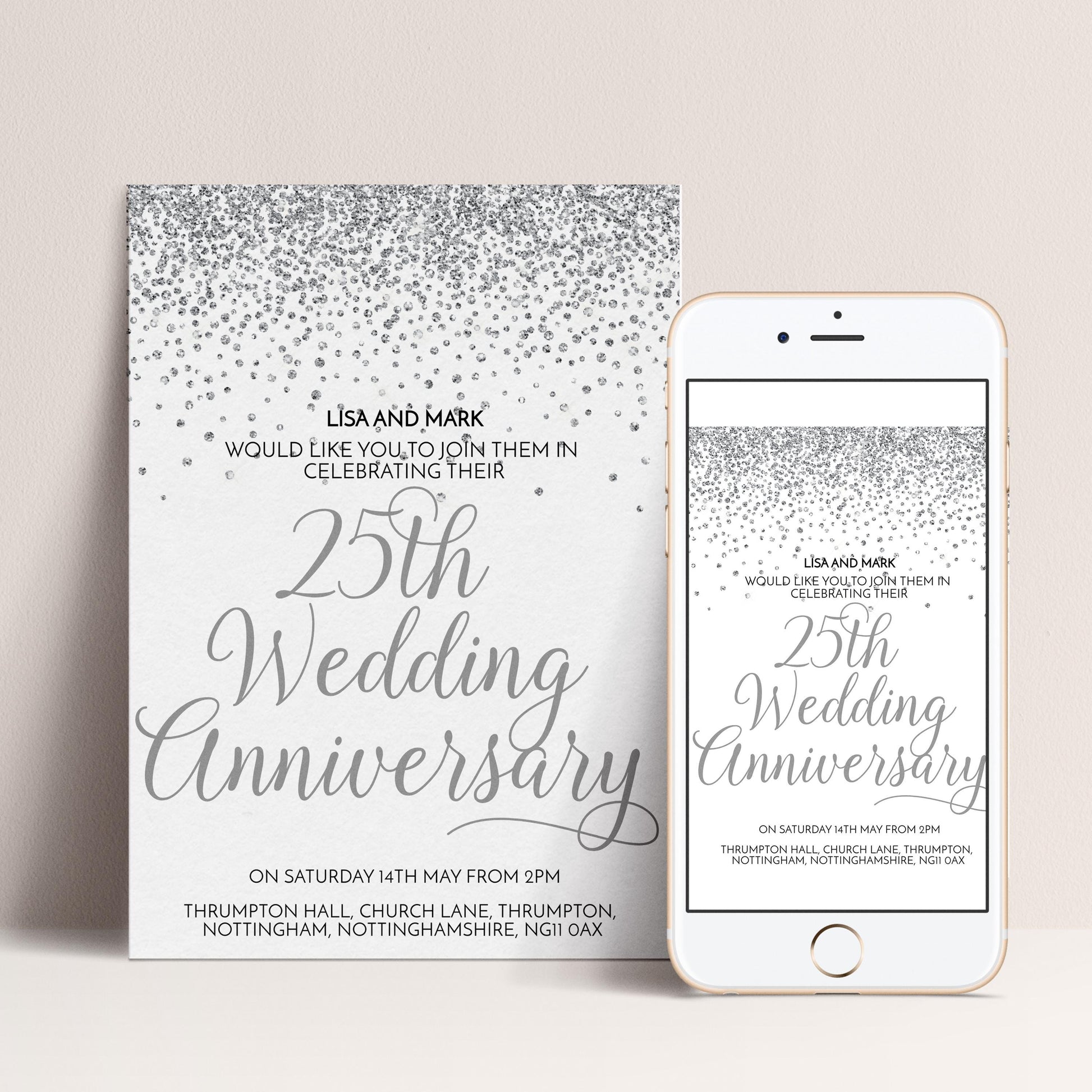 a wedding anniversary invitation for Lisa and Mark, celebrating their 25th wedding anniversary. The invitation is presented in two formats: a printed card and a digital version on a smartphone.
