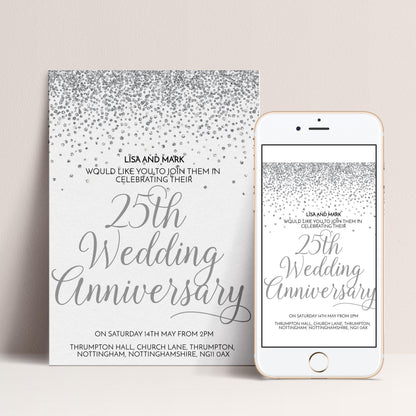 a wedding anniversary invitation for Lisa and Mark, celebrating their 25th wedding anniversary. The invitation is presented in two formats: a printed card and a digital version on a smartphone.