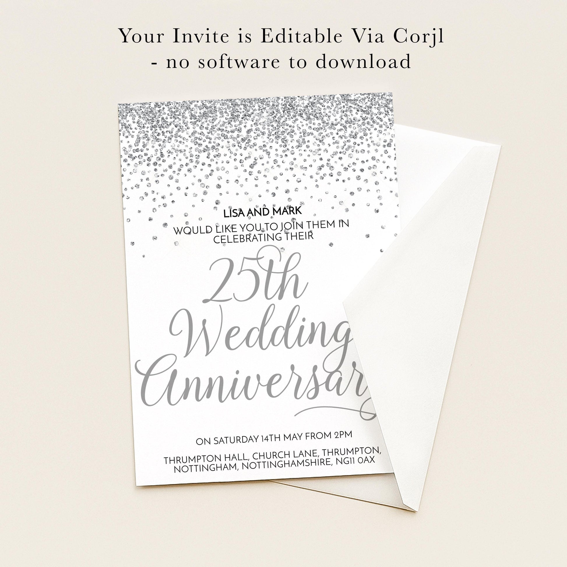 The image is a wedding anniversary invitation for Lisa and Mark, which is editable via Corjl and does not require any software to download.