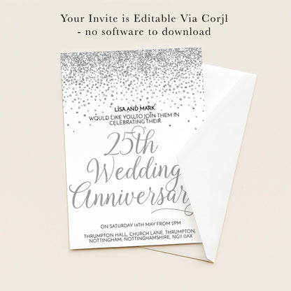 The image is a wedding anniversary invitation for Lisa and Mark, which is editable via Corjl and does not require any software to download.
